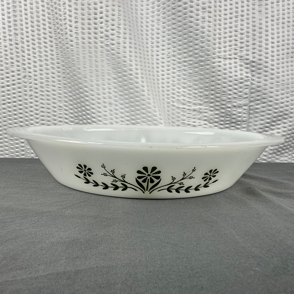 Glasbake J2352 Green Daisy Floral Milk Glass Divided Casserole Dish Vintage USA